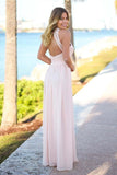 Floor-Length Open Back Pink Chiffon Bridesmaid Dress with Lace BD031 - Pgmdress