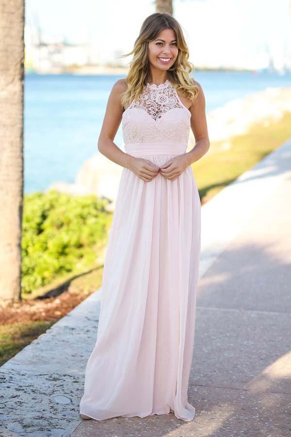 Floor-Length Open Back Pink Chiffon Bridesmaid Dress with Lace BD031 - Pgmdress