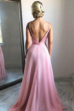 Flowing A-Line V-Neck Sweep Train Pink Chiffon Prom Party Dress PG682 - Pgmdress