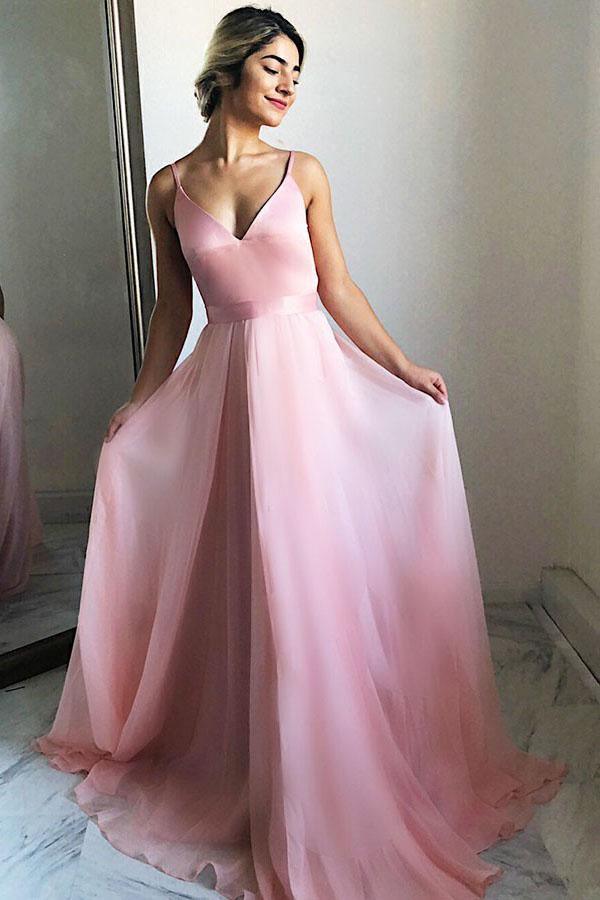 Flowing A-Line V-Neck Sweep Train Pink Chiffon Prom Party Dress PG682 - Pgmdress