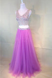 Fuchsia Pink Two-Piece Fashion Beaded V-Neck Tulle Prom Dress PG381