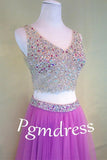 Fuchsia Pink Two-Piece Fashion Beaded V-Neck Tulle Prom Dress PG381 - Pgmdress