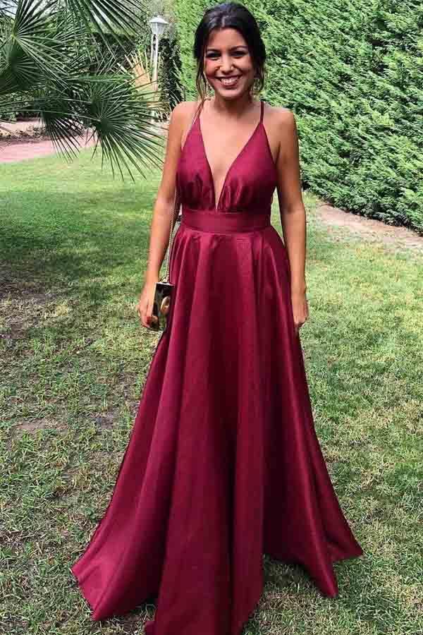 Gorgeous A-line V Neck Burgundy Satin Long Prom/Formal Dress PM209 - Pgmdress