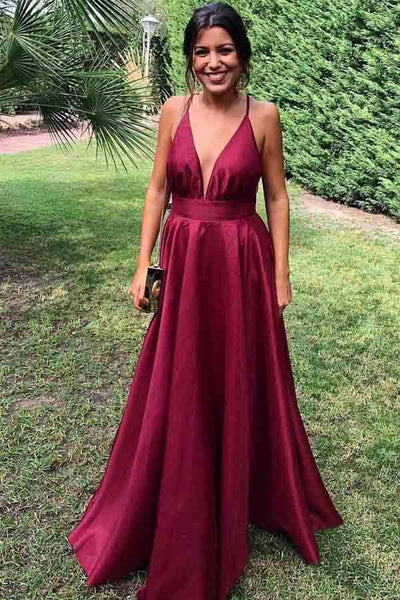 gorgeous burgundy dress A-line V Neck Satin Long Prom/Formal US0 / As Picture Do Not Bleach