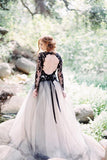 Gorgeous A-line V neck Long Sleeve Black Lace Wedding Dress Bridal Gown WD485 - Pgmdress