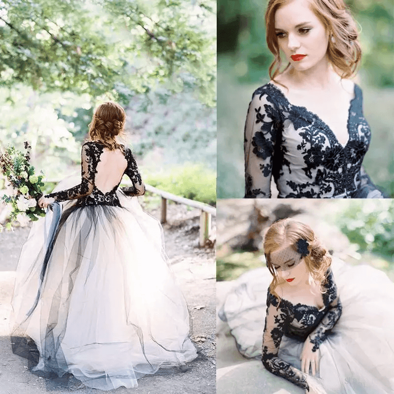 Gorgeous A-line V neck Long Sleeve Black Lace Wedding Dress Bridal Gown WD485 - Pgmdress