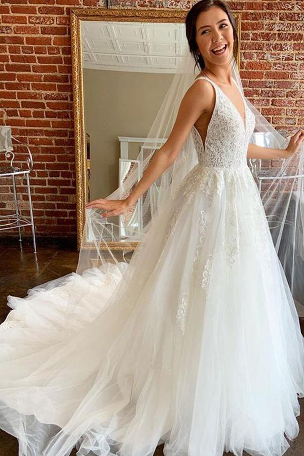 Gorgeous A-line V Neck Open Back Tulle Wedding Dresses with Appliques WD514 - Pgmdress