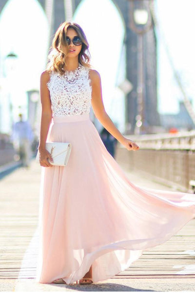 Gorgeous Crew Long Pink Chiffon Prom Dress with White Lace Top US10 / Custom Color Gorgeous Crew Long Pink Chiffon Prom Dress with White Lace Top US10 / Custom Color