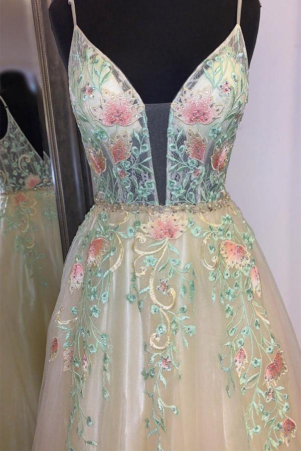 Gorgeous Straps A-Line Floral Embroidered Long Prom/Formal Dress PSK195 - Pgmdress