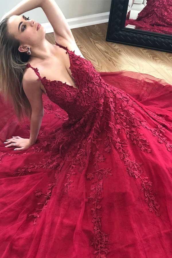 Gorgeous Straps V Neck Burgundy Lace Appliques Long Prom Dress PM241 - Pgmdress