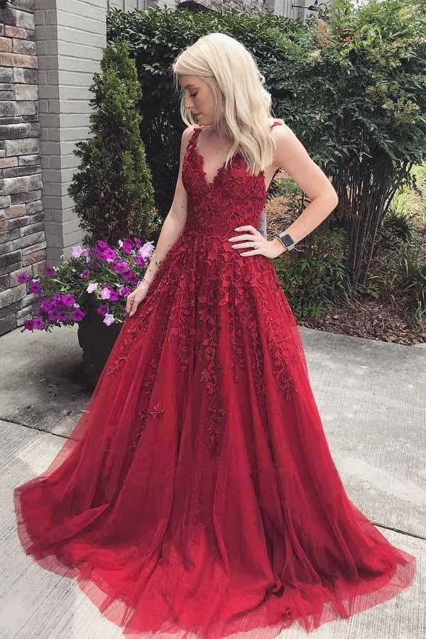Gorgeous Straps V Neck Burgundy Lace Appliques Long Prom Dress PM241 - Pgmdress