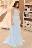 Gorgeous Straps V Neck Light Sky Blue Long Prom Dress PG571 - Pgmdress