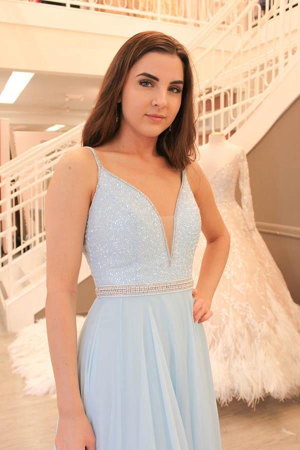 Gorgeous Straps V Neck Light Sky Blue Long Prom Dress PG571 - Pgmdress