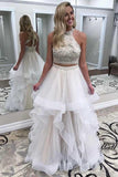 Gorgeous Two Piece High Neck Tulle Ivory Long Prom Dress With Beads PG865 - Pgmdress
