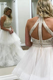 Gorgeous Two Piece High Neck Tulle Ivory Long Prom Dress With Beads PG865 - Pgmdress