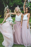 Gorgeous Two Piece Pink Tulle Long Bridesmaid Dress with White Top BD069