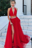 Gorgeous Two Piece Red Tulle Halter Long Prom Dress With Slit  PG926