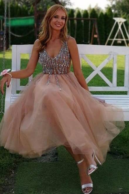 Gorgeous V Neck Peach Homecoming Dress Party Dress with Pearls PD417 - Pgmdress