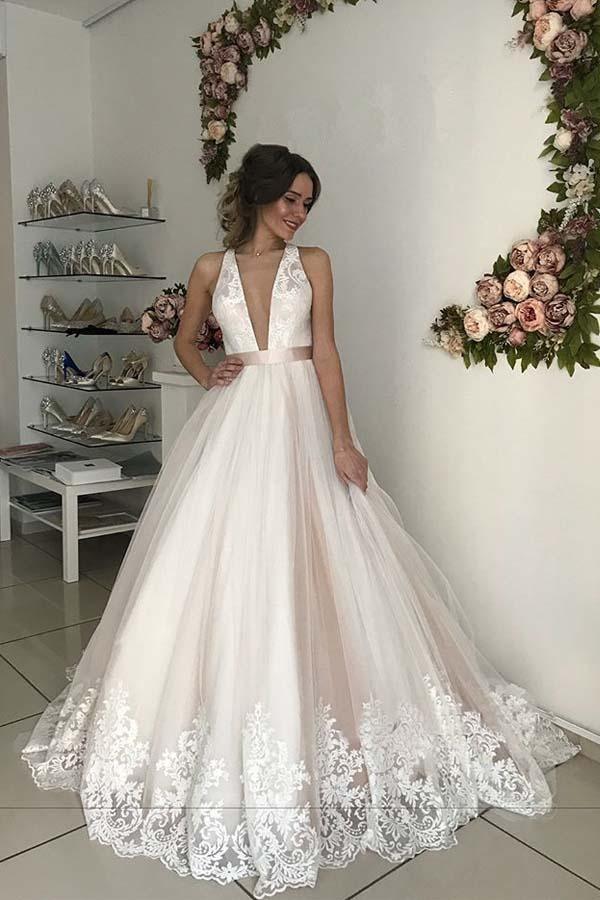 Gorgeous V-Neck Sleeveless Tulle Wedding Dresses Bridal Gowns WD306 - Pgmdress