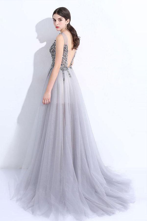Gray A-line V Neck Tulle Split Prom Evening Dresses With Beading PG674 - Pgmdress