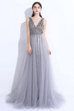 Gray A-line V Neck Tulle Split Prom Evening Dresses With Beading  PG674