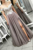 Gray Tulle Off The Shoulder Lace Bodice Prom Gowns With Split Prom Dress  PG928