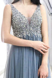 Grey Beaded Long Prom Dresses V Neck Tulle Long Evening Dress PG890 - Pgmdress