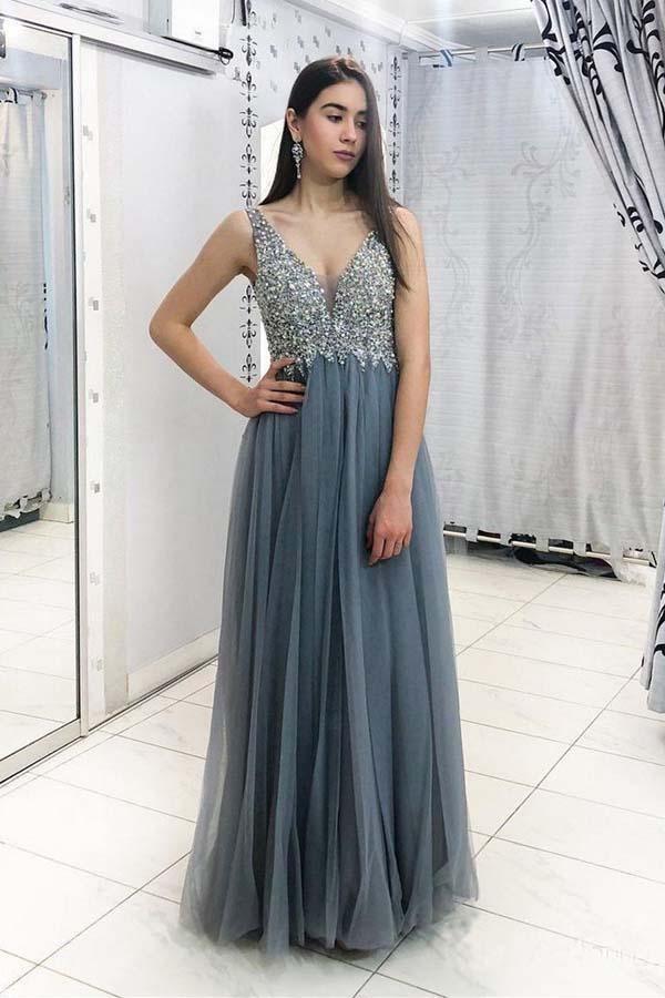 Grey Beaded Long Prom Dresses V Neck Tulle Long Evening Dress PG890 - Pgmdress