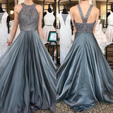 Grey Chiffon A-line Rhinestone Beaded Top Dark Long Prom Dresses PG514 - Pgmdress