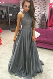 Grey Chiffon A-line Rhinestone Beaded Top Dark Long Prom Dresses PG514