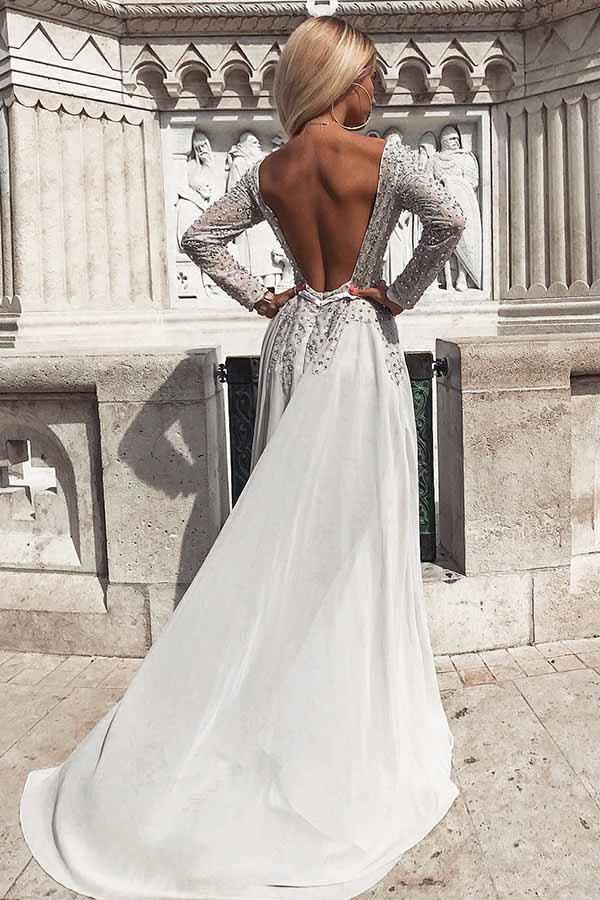 Grey Long Sleeves Backless Chiffon Prom Evening Dress with Beading PG739 - Pgmdress