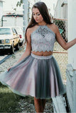 Grey Short Two Piece Halter Homecoming Party Dress with Lace PD295 - Pgmdress