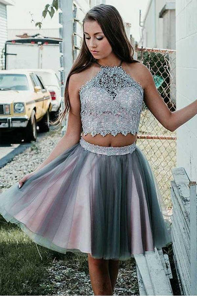 Grey Short Two Piece Halter Homecoming Party Dress with Lace US16 / As Picture Grey Short Two Piece Halter Homecoming Party Dress with Lace US16 / As Picture