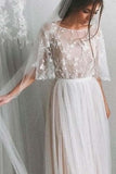 Brautkleider mit halben Ärmeln, A-Linie, elegant, schlicht, romantisch, Spitze, Brautkleid WD424 