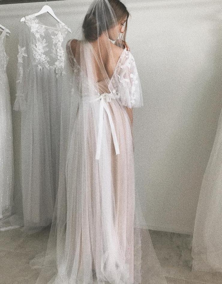 Half Sleeve Wedding Dresses A-line Elegant Simple Romantic Lace Bridal Gown WD424 - Pgmdress
