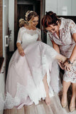 Half Sleeves Pink Backless Lace Up Floor Length Wedding Dress  WD367