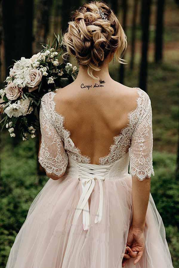 Half Sleeves Pink Backless Lace Up Floor Length Wedding Dress WD367 - Pgmdress