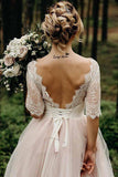 Half Sleeves Pink Backless Lace Up Floor Length Wedding Dress WD367 - Pgmdress