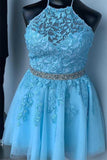 Halter Appliqued Yellow Homecoming Dress Short Prom Dress with Beading Belt PD323 - Pgmdress