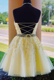 Halter Appliqued Yellow Homecoming Dress Short Prom Dress with Beading Belt PD323 - Pgmdress