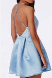 Halter Backless Lace Satin Blue Homecoming Dresses Short Prom Dress PD270 - Pgmdress