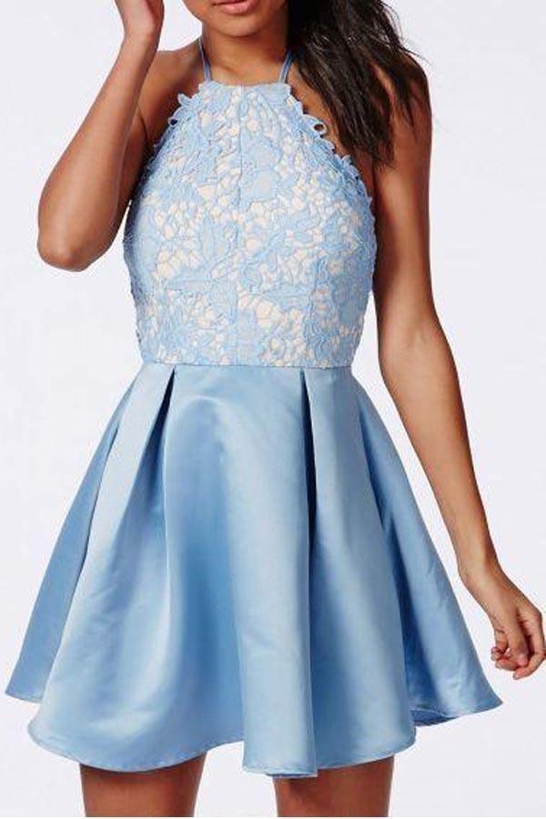 Halter Backless Lace Satin Blue Homecoming Dresses Short Prom Dress PD270 - Pgmdress