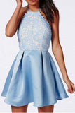 Halter Backless Lace Satin Blue Homecoming Dresses Short Prom Dress  PD270