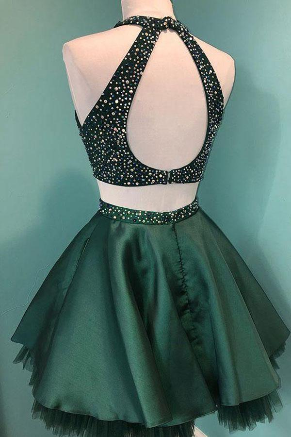 Halter Beaded Green Satin Two Piece Homecoming Dress Short Prom Dress PD358 - Pgmdress