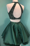 Halter Beaded Green Satin Two Piece Homecoming Dress Short Prom Dress PD358 - Pgmdress