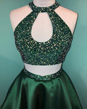 Halter Beaded Green Satin Two Piece Homecoming Dress Short Prom Dress PD358 - Pgmdress