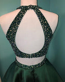 Halter Beaded Green Satin Two Piece Homecoming Dress Short Prom Dress PD358 - Pgmdress