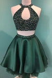 Halter Beaded Green Satin Two Piece Homecoming Dress Short Prom Dress PD358