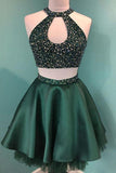 Halter Perlé Vert Satin Deux Pièces Robe De Bal Courte Robe De Bal PD358