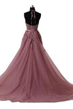 Halter Blush Train Simple Prom/Evening Dress With Lace Applique PG550 - Pgmdress